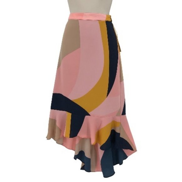NWT Bar lll Womens Multi Colored Abstract Geo Print Ruffle Hem High Low Skirt 4 - Picture 1 of 11